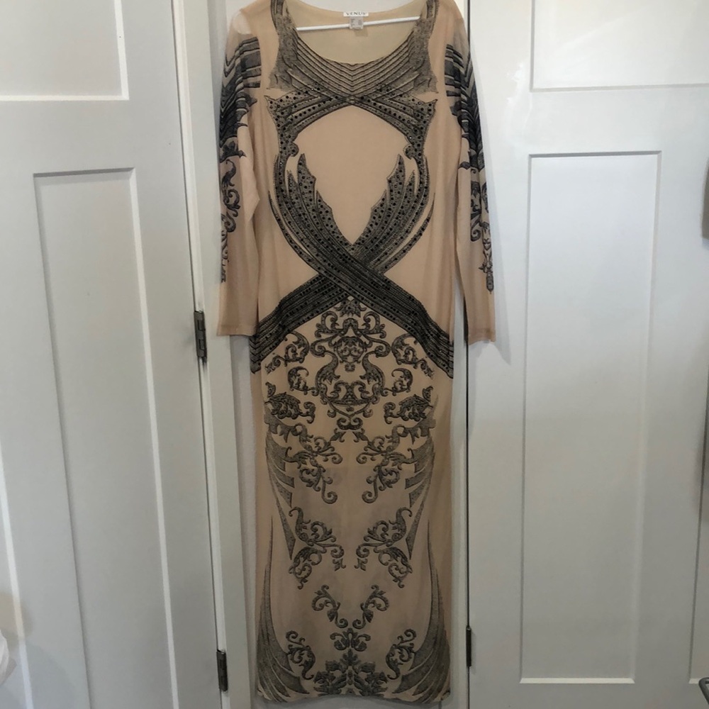 Venus Long Sleeve Maxi Dress. Size L. 100% Polyester. Tan With Black Rhinestones